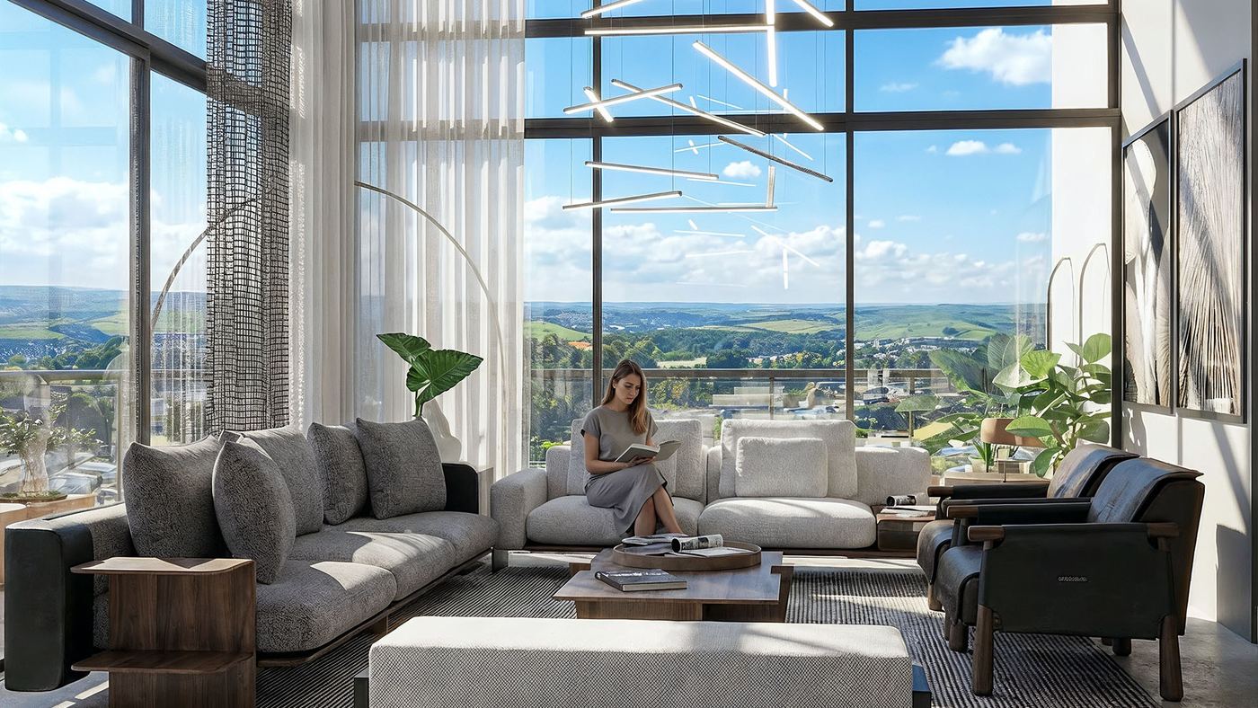 Living amplo com vista panorâmica e luz natural