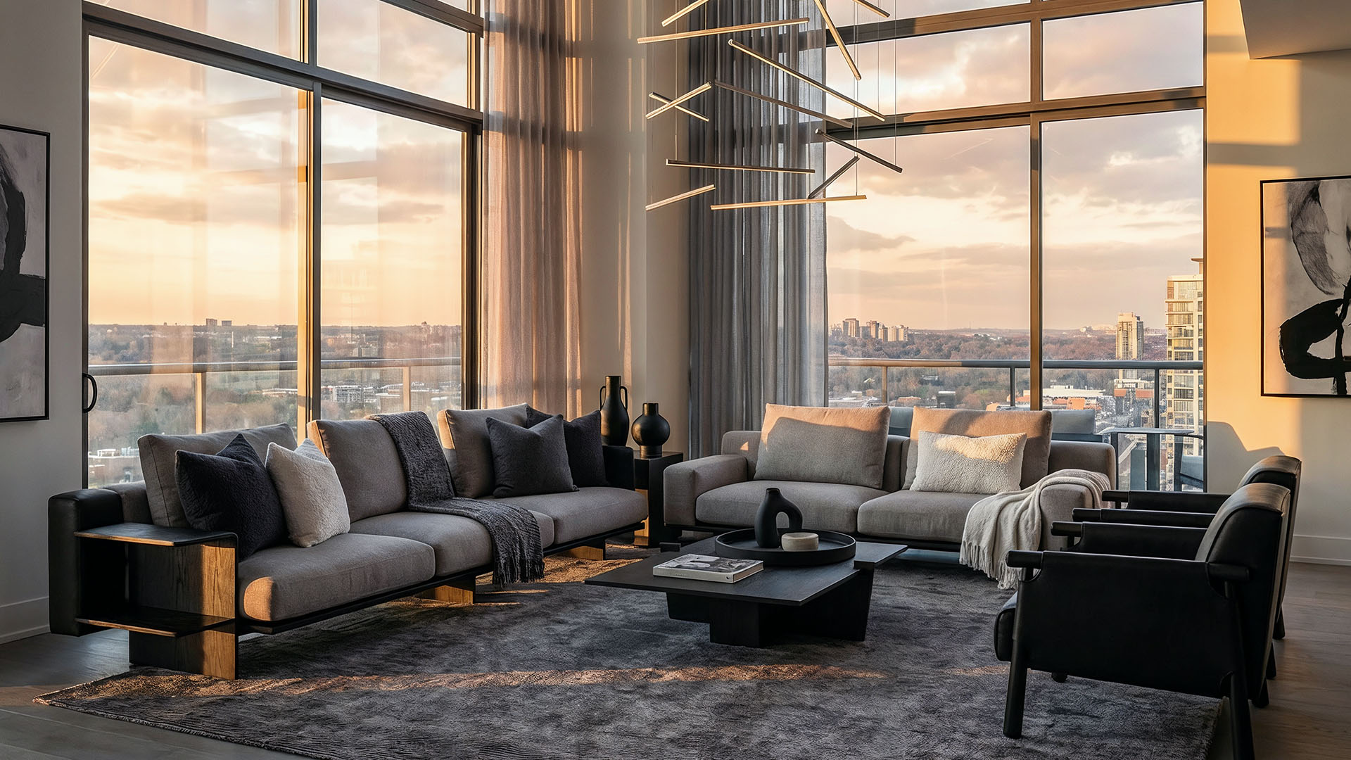 Living integrado com iluminação e vista da cidade