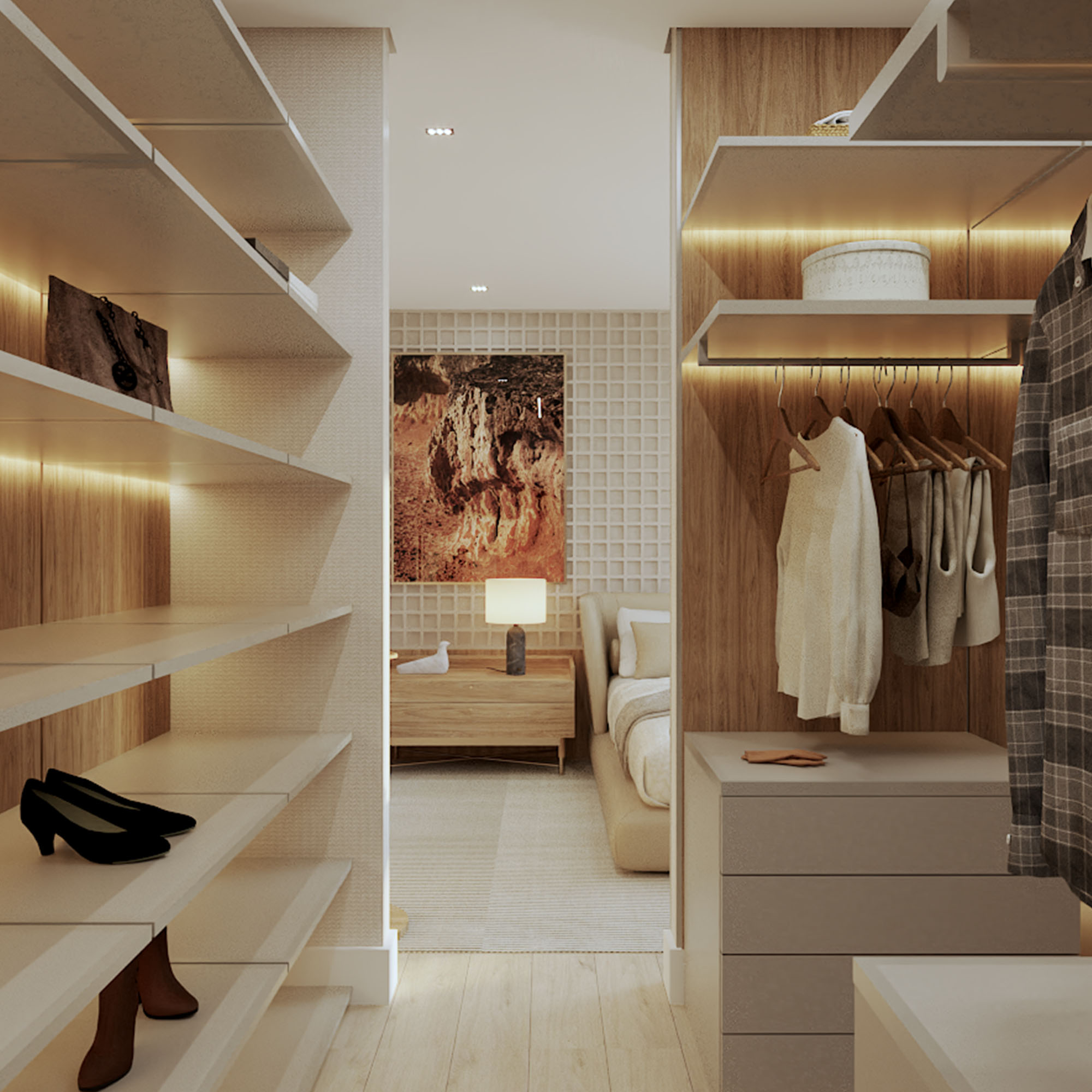 Closet da suíte master do apartamento decorado do Grand Garden Americana