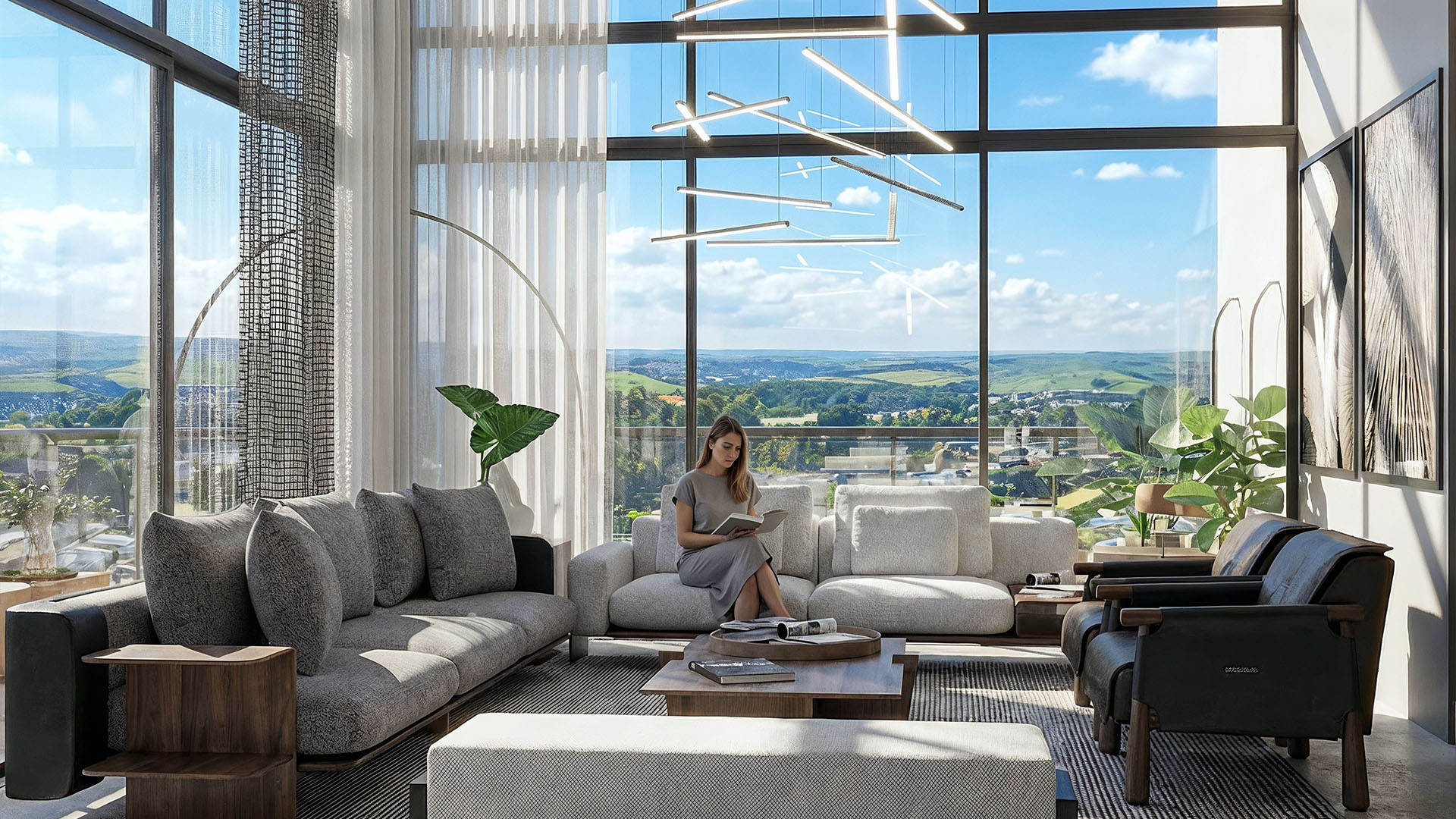 Living amplo com vista panorâmica e luz natural